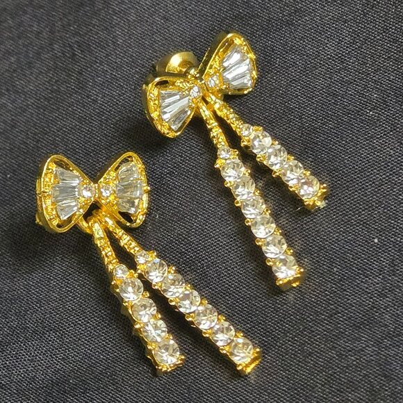 Gold Tone Rhinestone Bow Drop Earrings Sparkling Crystal Dangle Statement Glam - Picture 3 of 7
